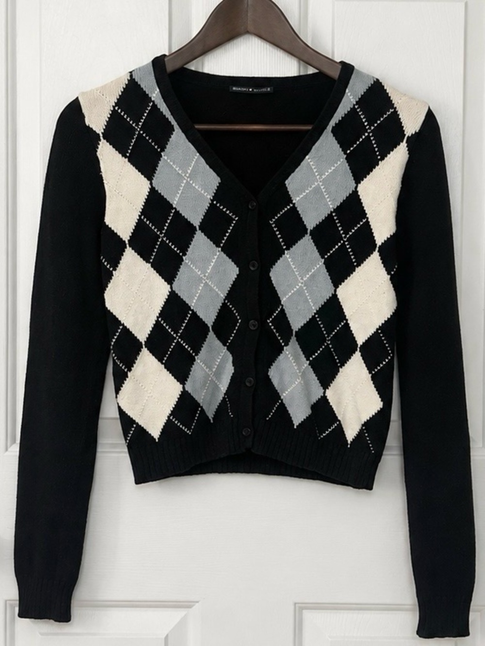Brandy Melville Navy Argyle Button-Front Cardigan with Light Blue and White